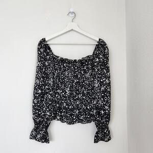 A New Day Black White Smocked Long Sleeve Square Neck Blouse Top L